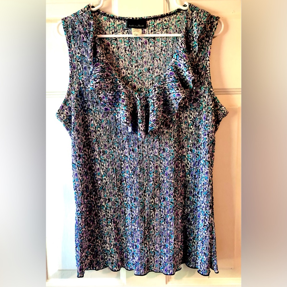 Brittany Black Turquoise Purple Floral Sequin Micro Pleat Ruffle Neck Blouse XL